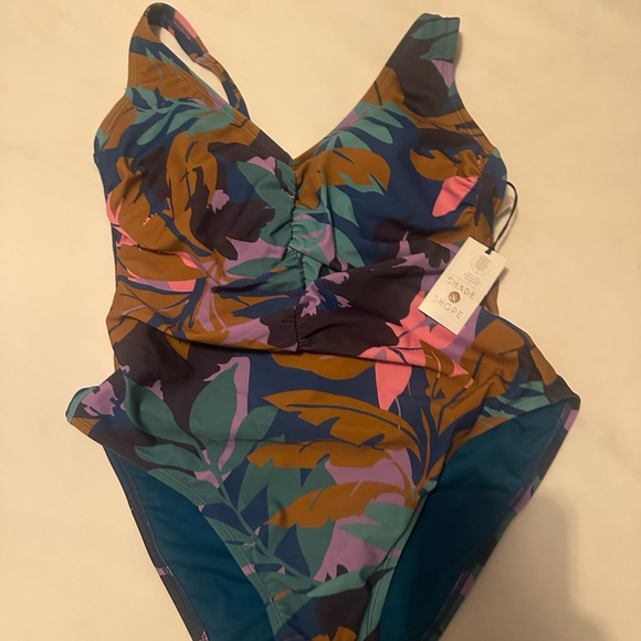 Shade & Shore NEW Shirred Plunge One Piece Swimsuit Floral Print Women’s Sz 14 - Picture 3 of 6